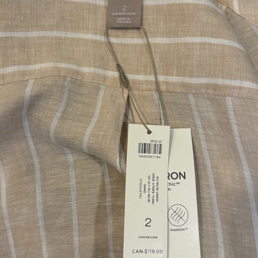 Chicos No Iron Fresh Chic Linen Button Up Top Beige/White Striped | Size 2 - Picture 8 of 8